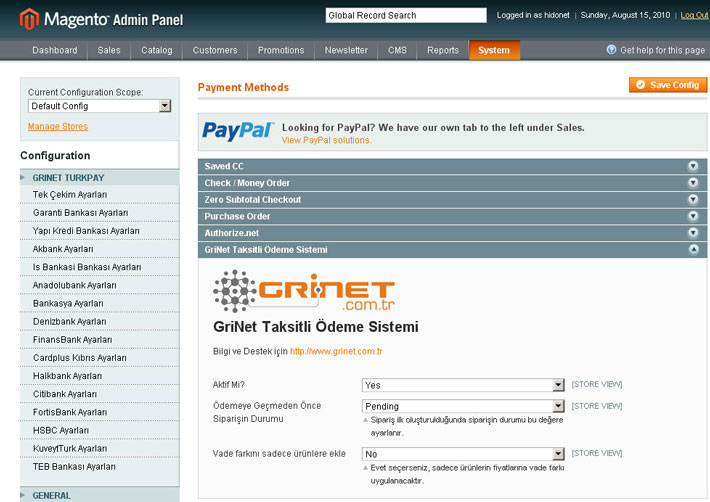 GriNet Turkpay - Magento Sanal Pos Modülü - Yönetim Sayfası Ayarlar Bölümü